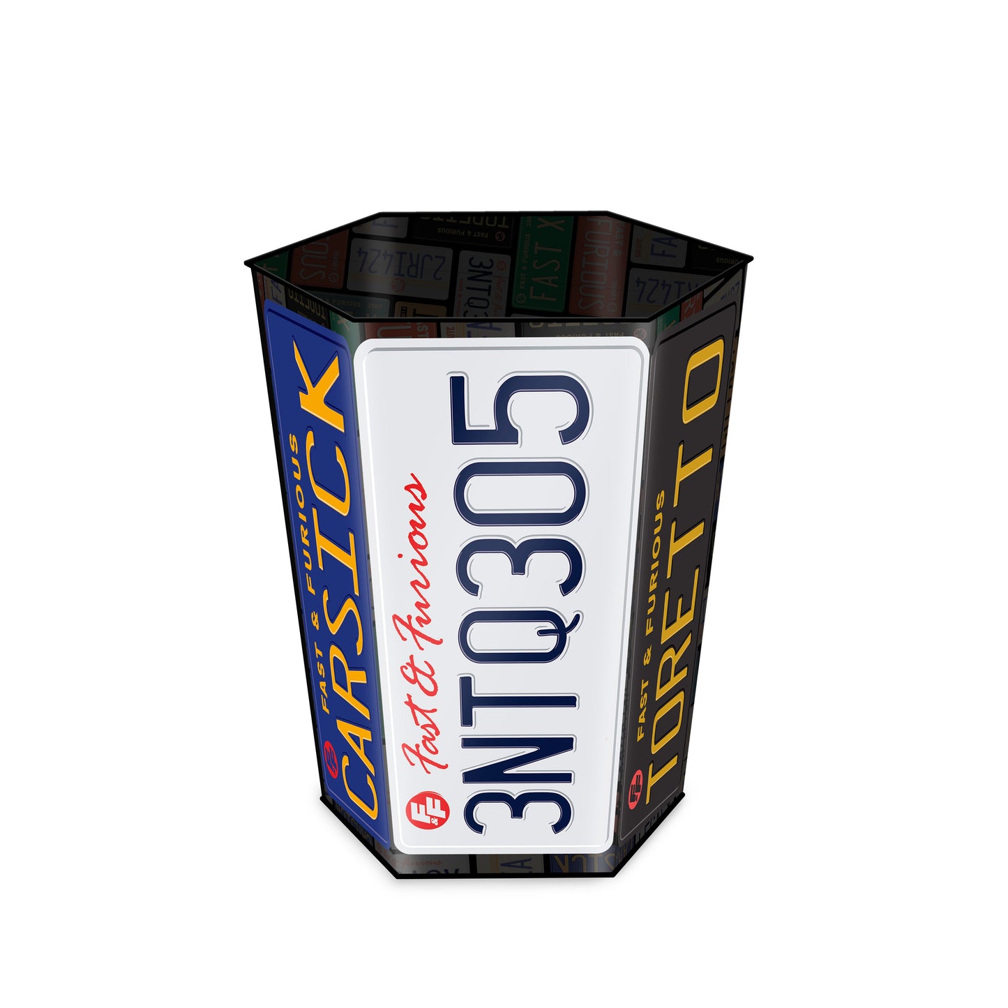 Side view of Fast & Furious license plate design on metal tin