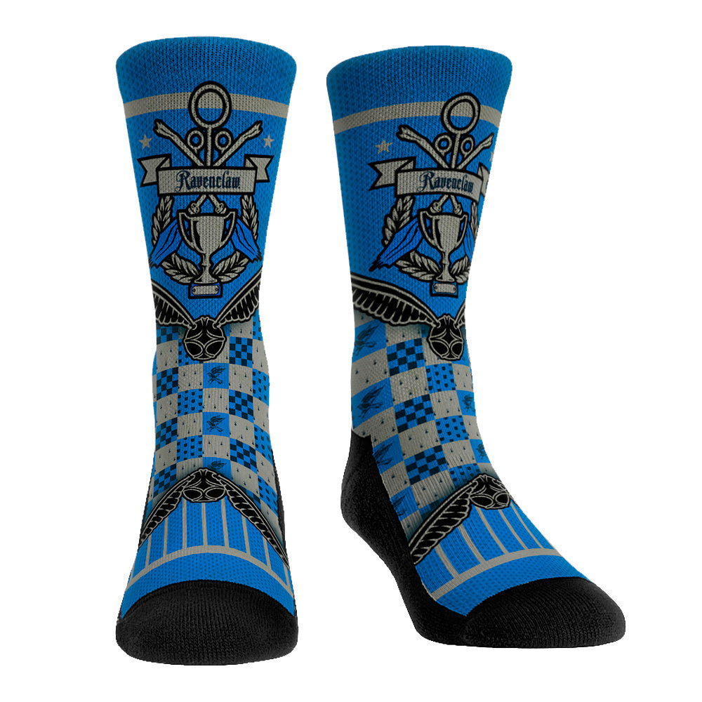 Harry Potter Ravenclaw Quidditch Cup Banner crew socks in blue and bronze.