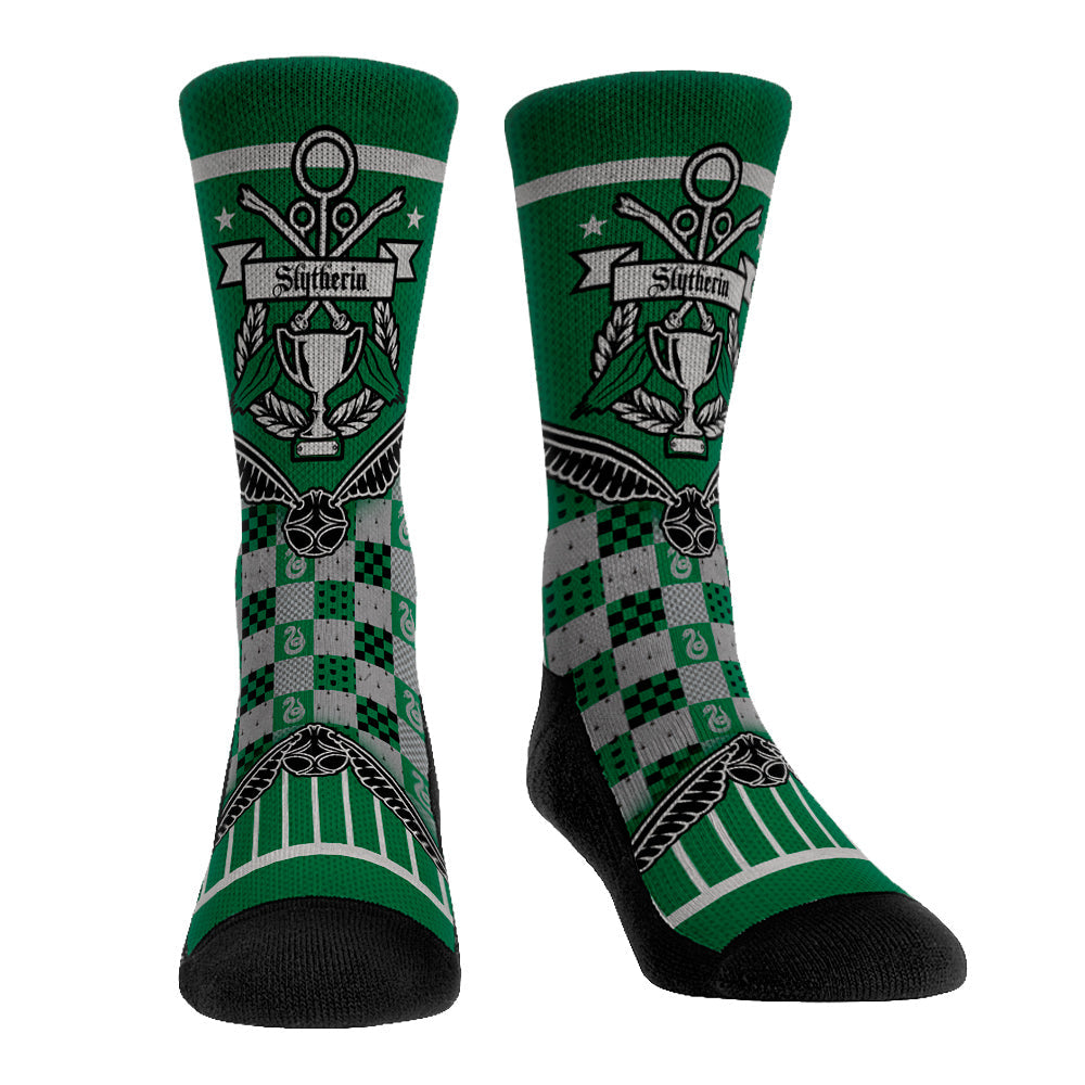 Harry Potter Slytherin Quidditch Cup Banner Crew Socks in green and silver.