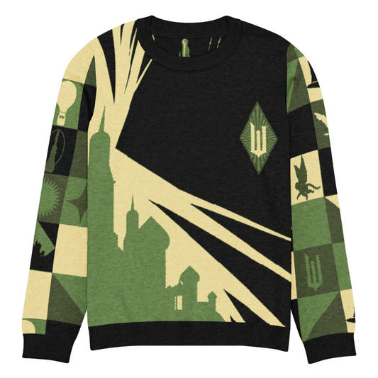 Wicked For Good Knit Holiday Sweater front view featuring Emerald City green design