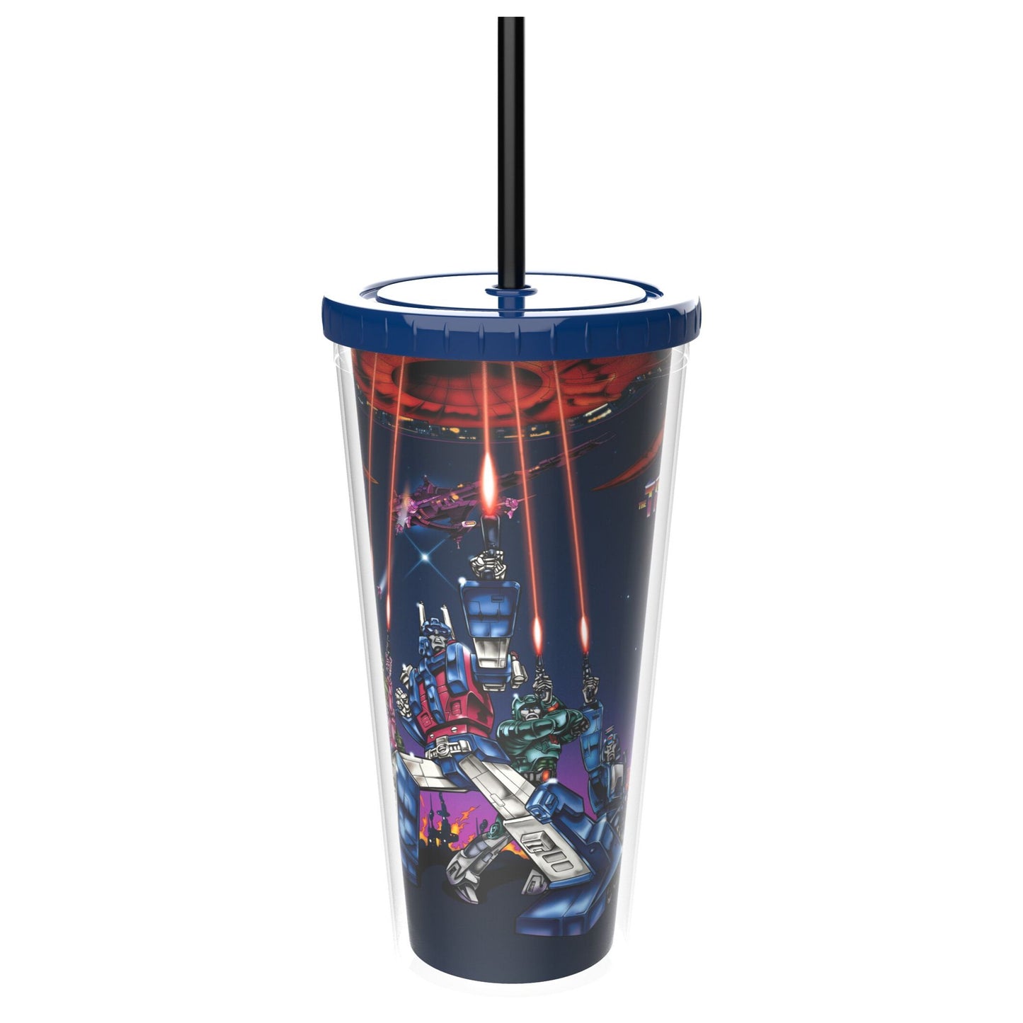 Close-up detail of the official Transformers 40th anniversary graphic on the cup