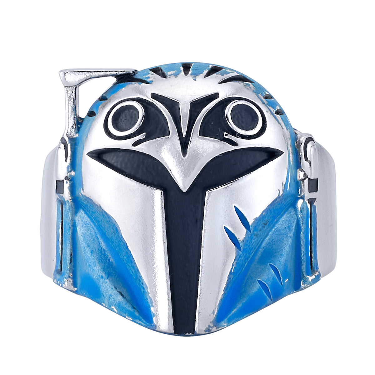 Star Wars x RockLove Bo-Katan helmet ring top view showing blue enamel detail