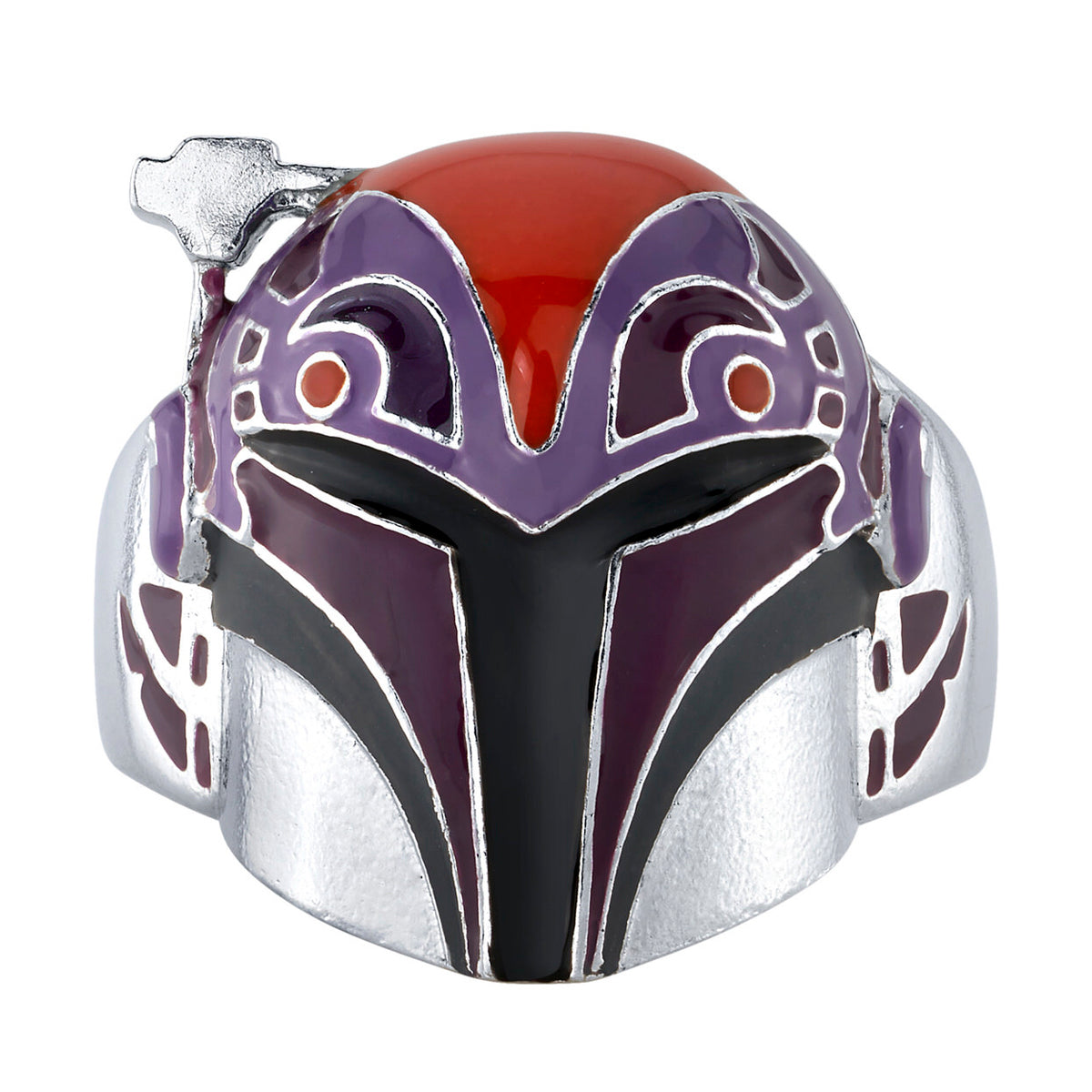 Close-up view of the Star Wars x RockLove Sabine Wren Helmet Ring highlighting orange and purple enamel.