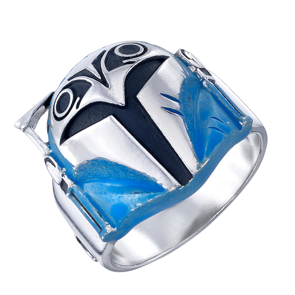 Close-up of RockLove Star Wars ring with distressed blue armor finish