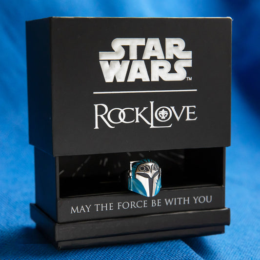 Star Wars x RockLove Bo-Katan helmet ring top view showing blue enamel detail-7