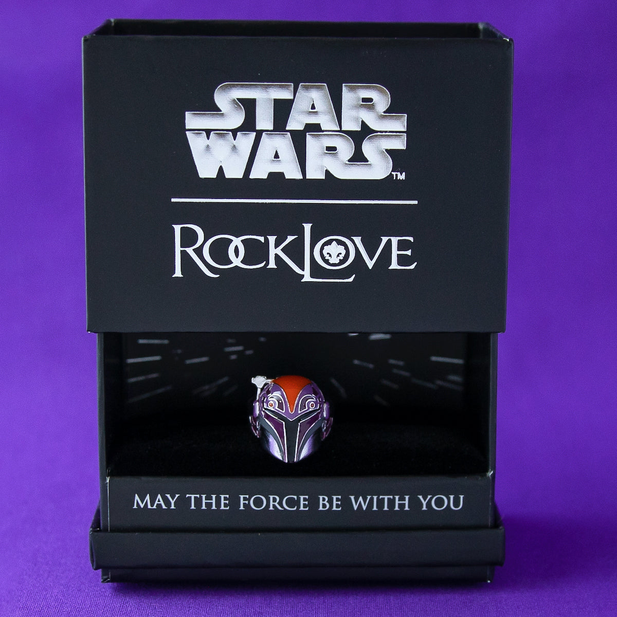 The Star Wars x RockLove Sabine Wren ring alongside its official collector's packaging.