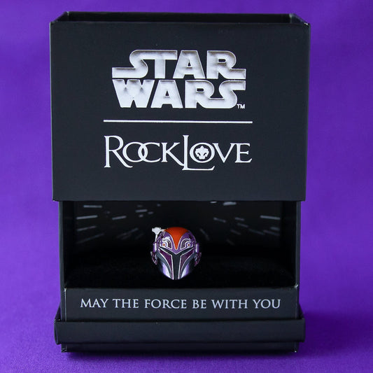 Close-up view of the Star Wars x RockLove Sabine Wren Helmet Ring highlighting orange and purple enamel.-8
