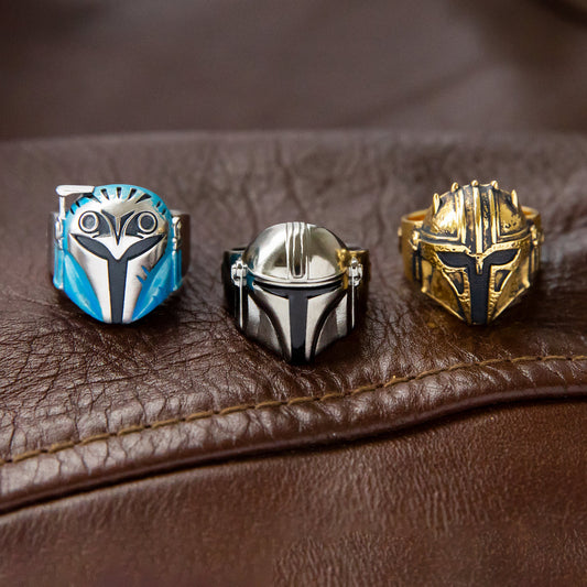 Star Wars x RockLove Bo-Katan helmet ring top view showing blue enamel detail-9