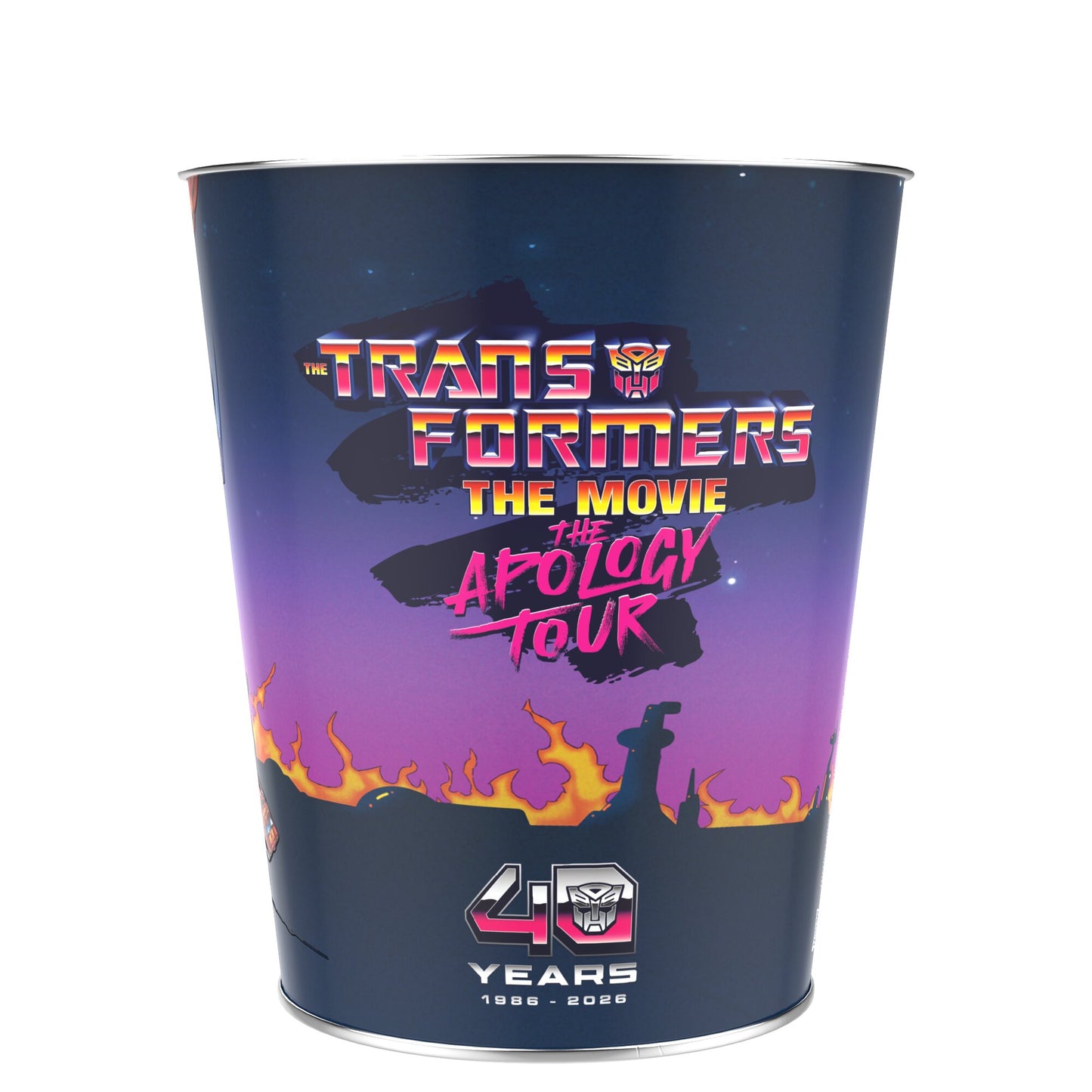 Angle view of the 130oz Transformers popcorn bucket highlighting its structural design and commemorative branding