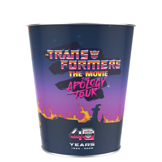 Angle view of the 130oz Transformers popcorn bucket highlighting its structural design and commemorative branding-0