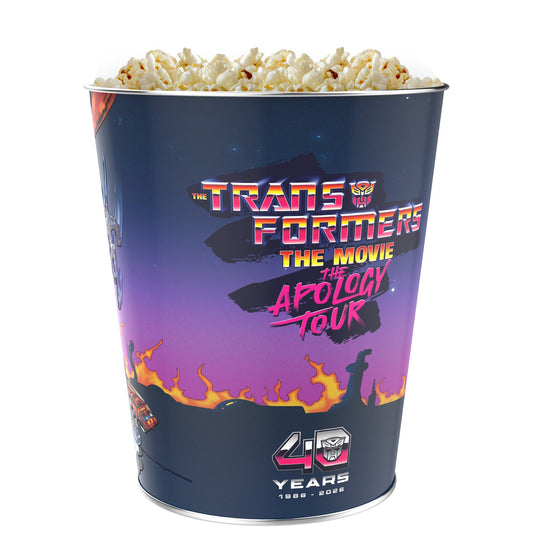 Angle view of the 130oz Transformers popcorn bucket highlighting its structural design and commemorative branding-1