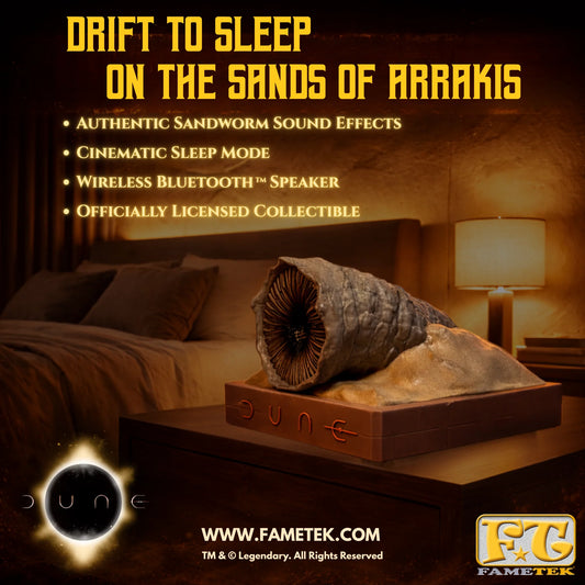Dune Shai-Hulud Sandworm Bluetooth Speaker angled front view on a limestone base-8
