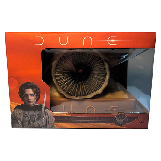 Dune Shai-Hulud Sandworm Bluetooth Speaker angled front view on a limestone base-7
