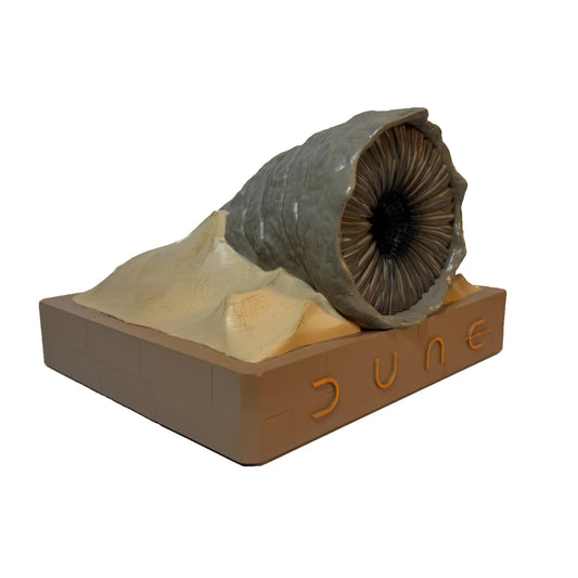 Dune Shai-Hulud Sandworm Bluetooth Speaker angled front view on a limestone base-10