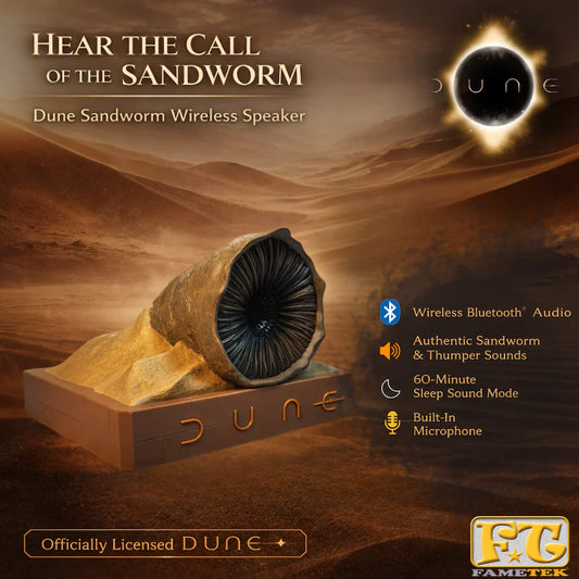 Dune Shai-Hulud Sandworm Bluetooth Speaker angled front view on a limestone base-11
