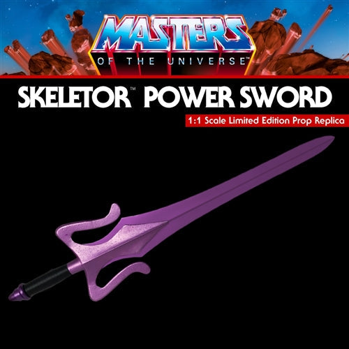 Masters of the Universe Skeletor Sword prop replica showing the full 40-inch steel blade and display plaque.-2