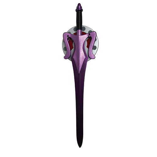 Close-up of the Skeletor Sword hilt featuring the antique foundry finish guard and leather-wrapped handle.