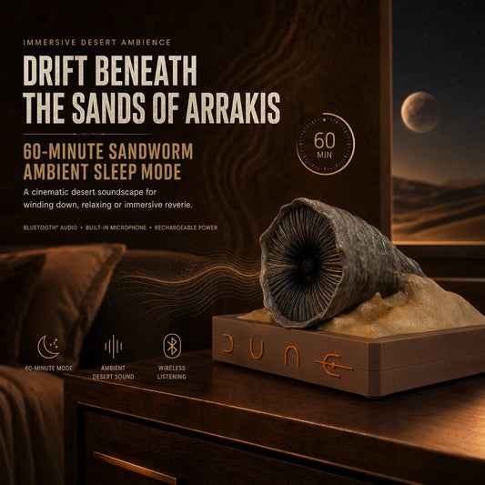 Dune Shai-Hulud Sandworm Bluetooth Speaker angled front view on a limestone base-1