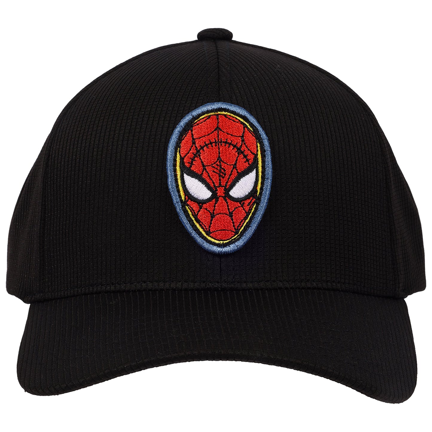 Side view showing the curved brim of the Spider-Man baseball cap.