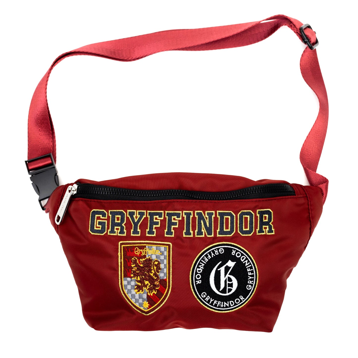 Close up of embroidered Gryffindor house patches on fanny pack