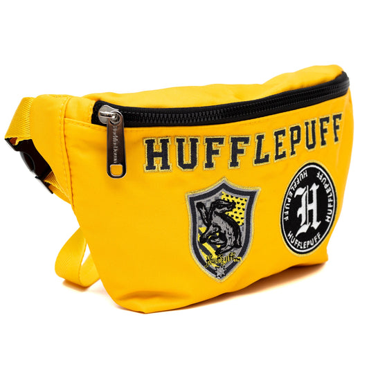 Front view of the yellow Hufflepuff fanny pack showing embroidered patches.-1