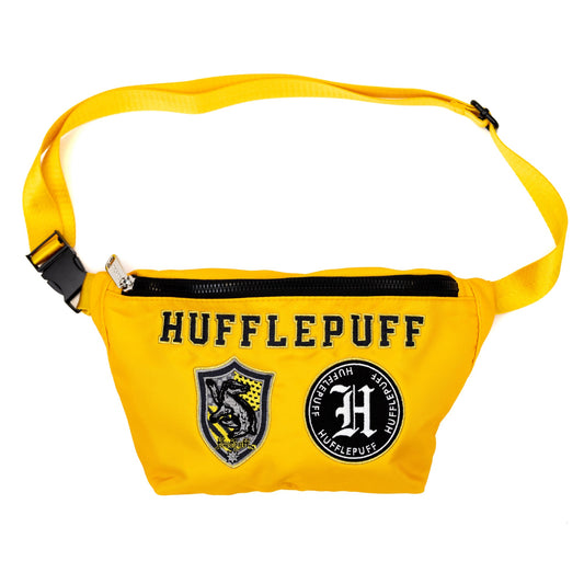 Front view of the yellow Hufflepuff fanny pack showing embroidered patches.-2