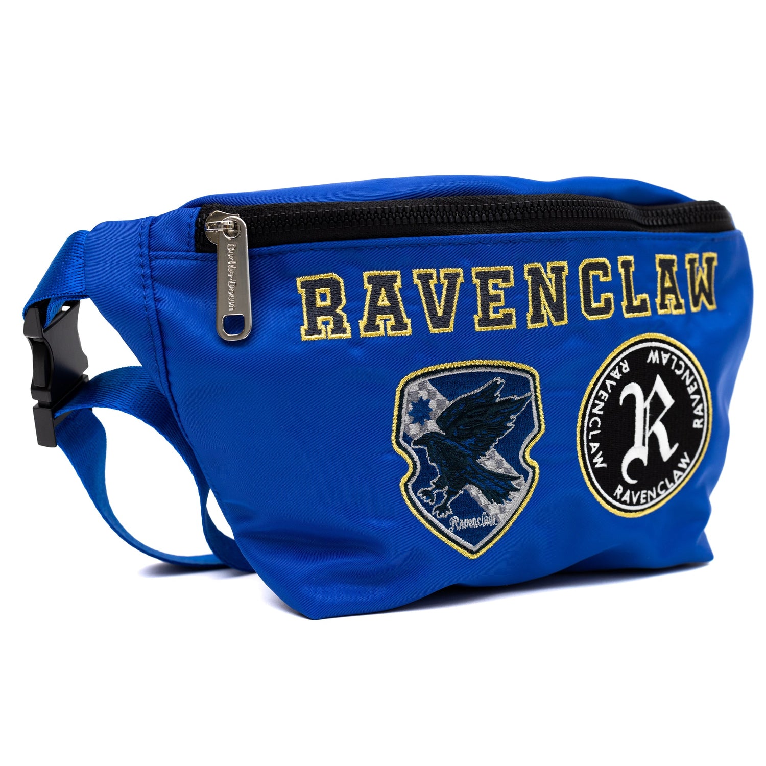 Close up of embroidered Ravenclaw crest on a premium canvas waist bag