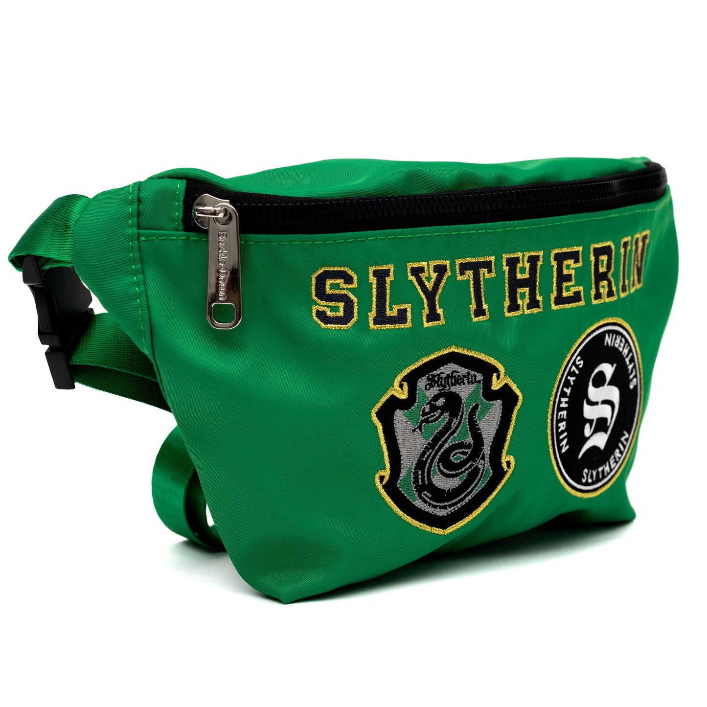 Close up of Slytherin embroidered patches on green canvas bag