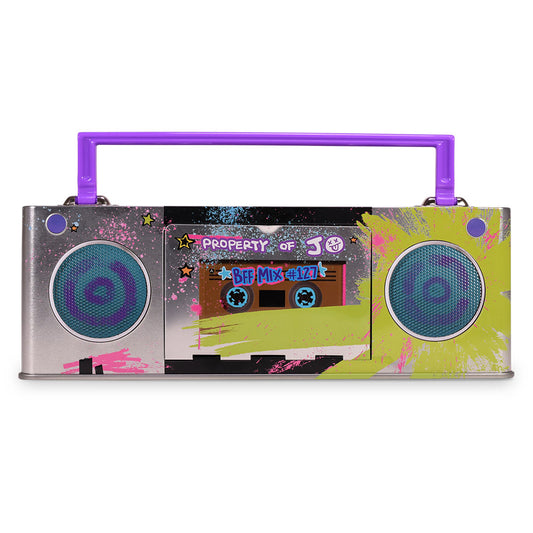 Front view of the Forgotten Island boombox tin featuring retro audio speaker graphics-2