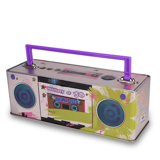 Front view of the Forgotten Island boombox tin featuring retro audio speaker graphics-0