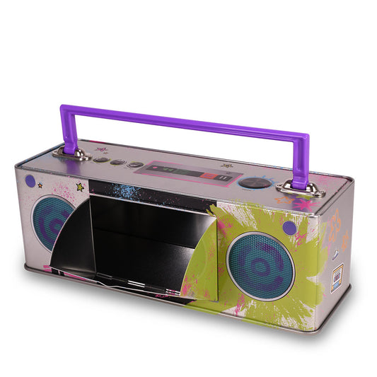 Front view of the Forgotten Island boombox tin featuring retro audio speaker graphics-4
