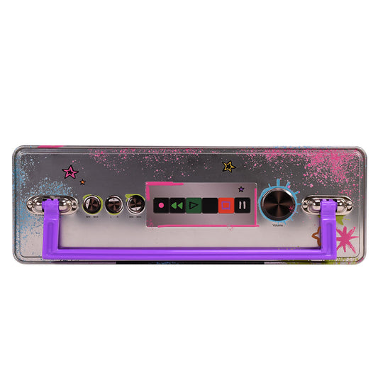 Front view of the Forgotten Island boombox tin featuring retro audio speaker graphics-5