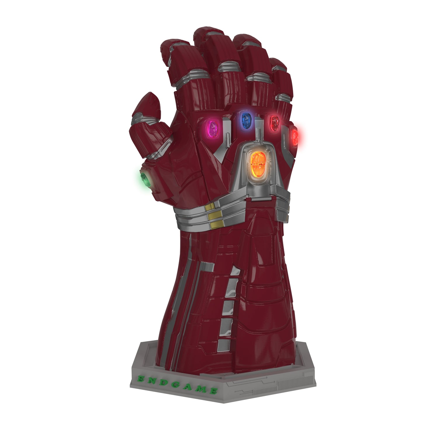 Front view of the Avengers: Endgame Nano Gauntlet bucket featuring molded metallic details and the six Infinity Stones