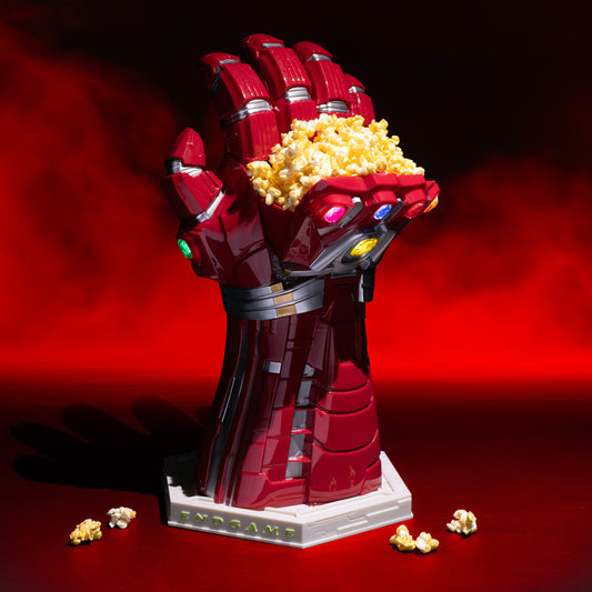 Front view of the Avengers: Endgame Nano Gauntlet bucket featuring molded metallic details and the six Infinity Stones-1
