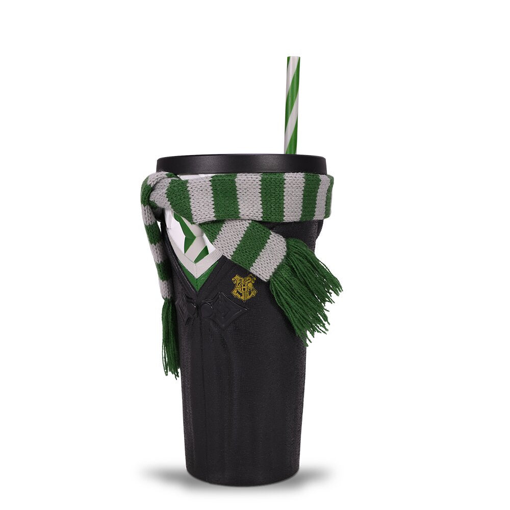 Close-up of the Slytherin house scarf wrapped around the Harry Potter Grippr cup