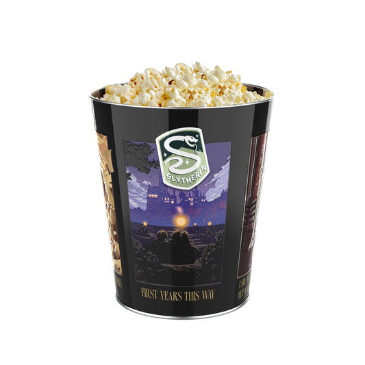Harry Potter 25th anniversary popcorn tin featuring house-themed artwork-0
