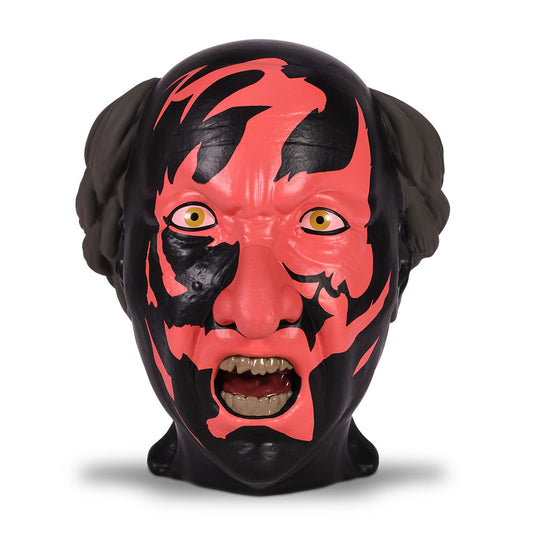 Front view of the Insidious Lipstick Demon popcorn bucket showing red and black facial details-0