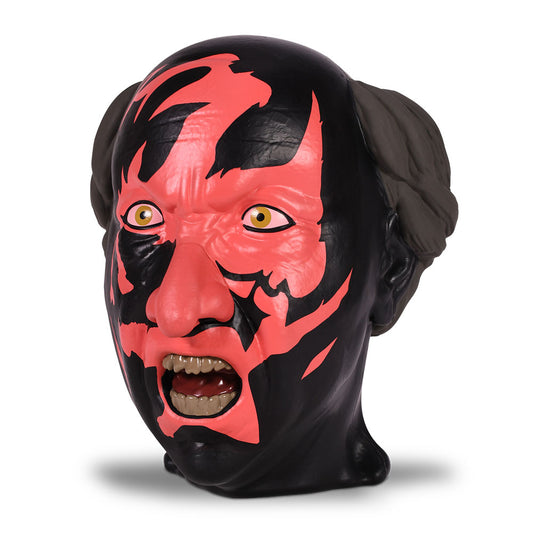 Front view of the Insidious Lipstick Demon popcorn bucket showing red and black facial details-2