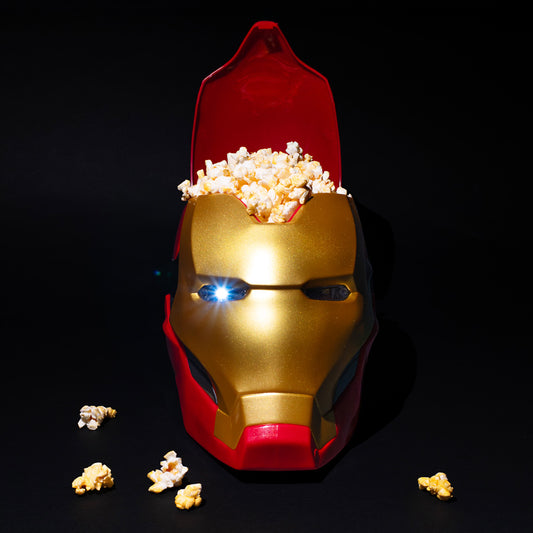 Front view of the Iron Man helmet bucket featuring a metallic red and gold finish-1