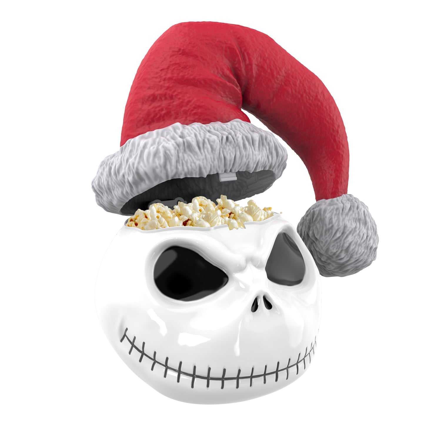 Close-up angle of the Jack Skellington collectible bucket showing the sculpted Santa hat and facial details