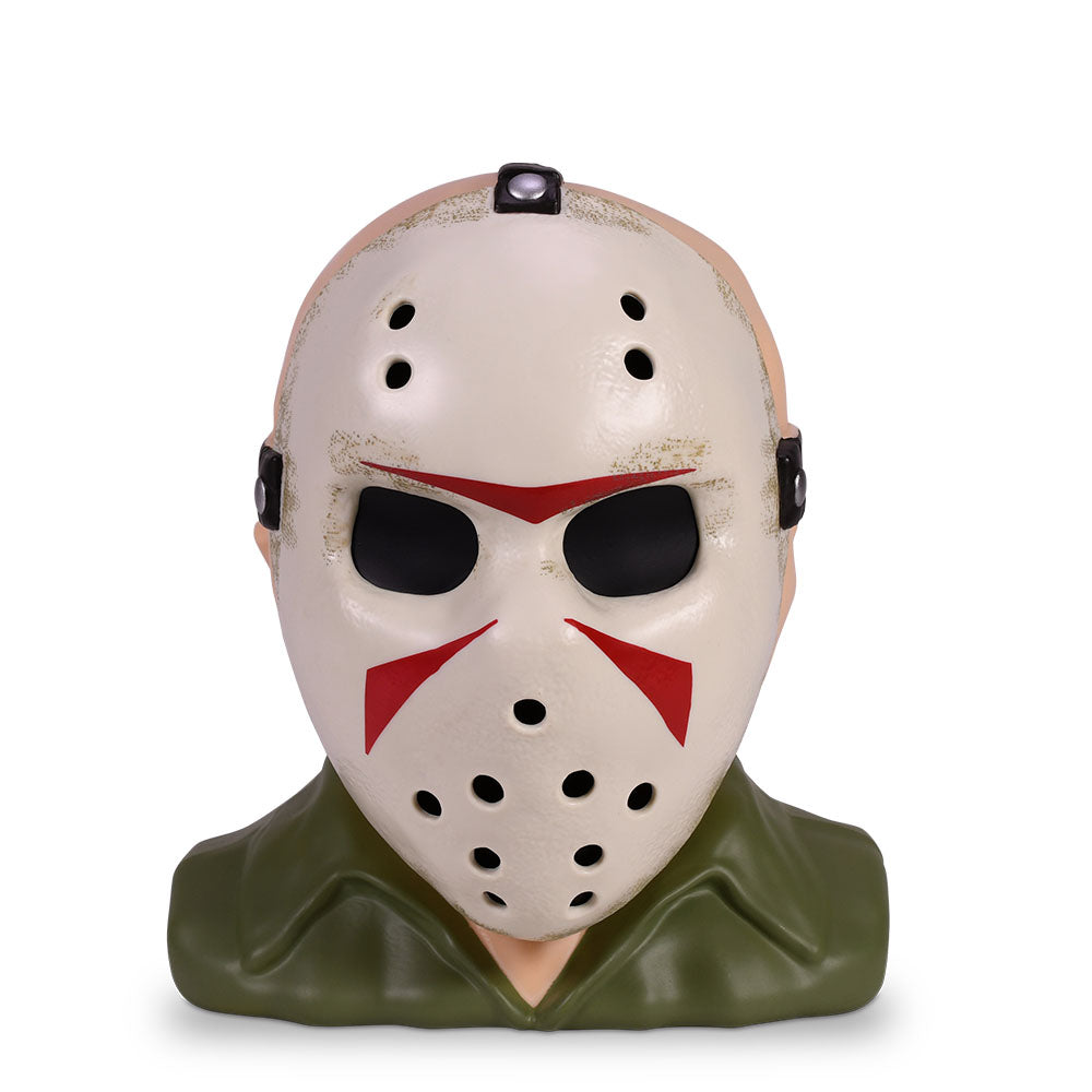 Front view of the Friday the 13th Jason figural head popcorn bucket showing the iconic hockey mask details