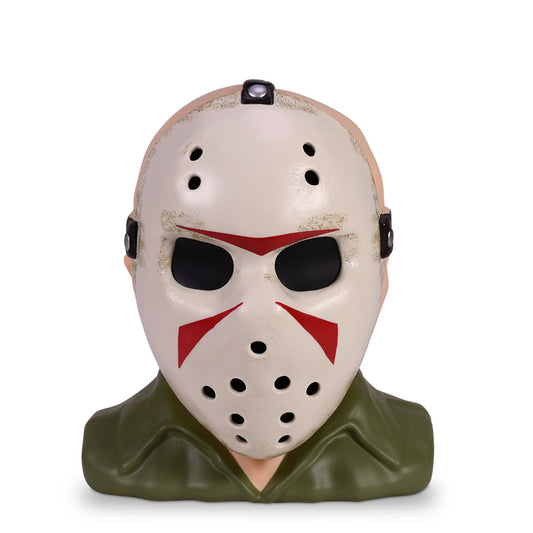Front view of the Friday the 13th Jason figural head popcorn bucket showing the iconic hockey mask details-0