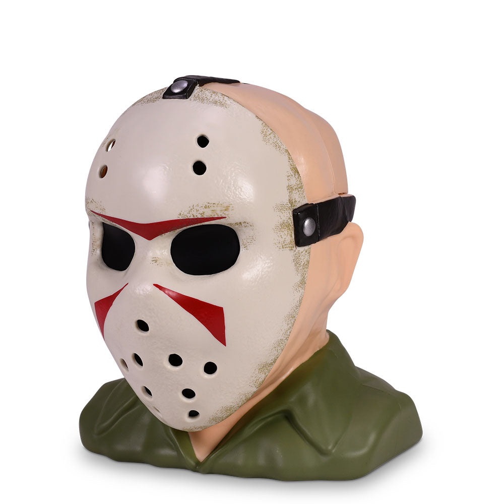 Angle view of the Jason Voorhees head bucket showcasing the textured mask and sculpted hood