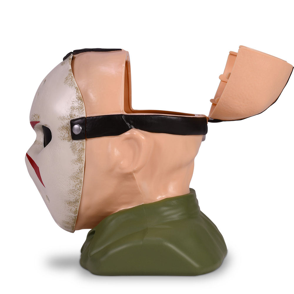 Back view of the Jason head bucket displaying the hollow interior opening and lid structure
