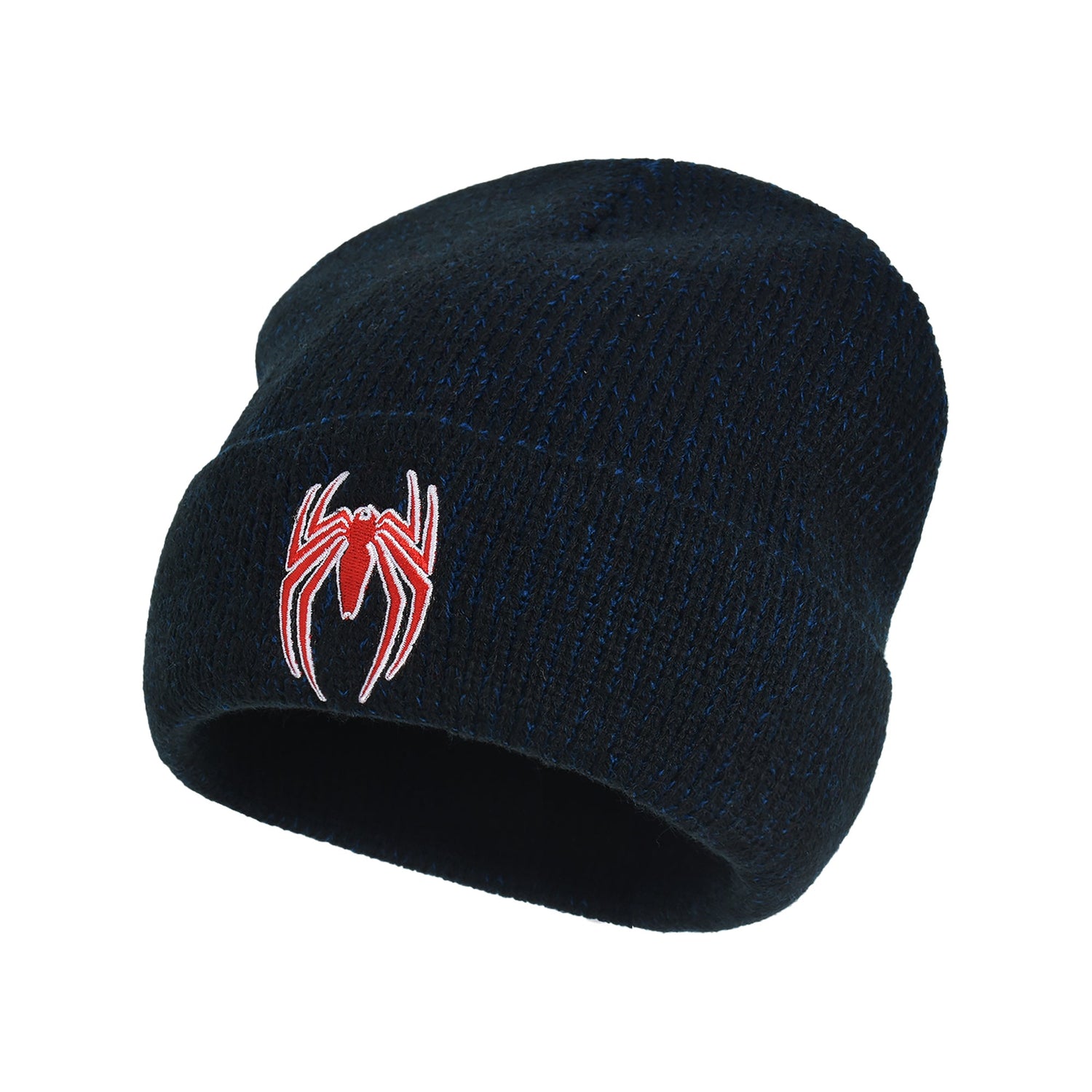 Side view of the Spider-Man blue knit beanie highlighting the soft material texture
