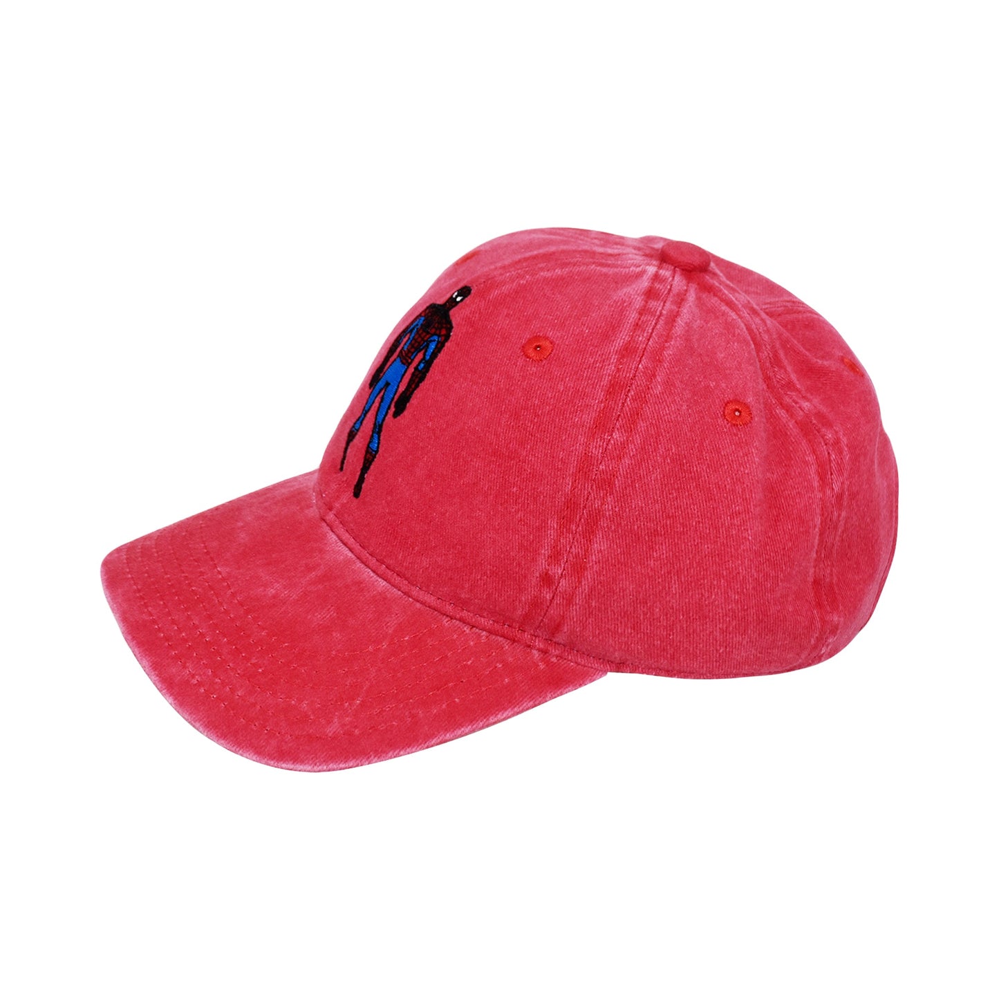 Angled view of the Marvel Spider-Man dad hat showing the six-panel construction.