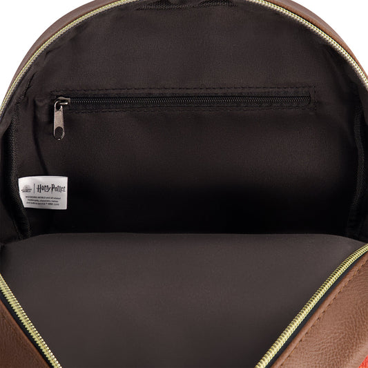 A front-facing view of the Harry Potter mini backpack featuring a brown plaid pattern and the Hogwarts crest.-5