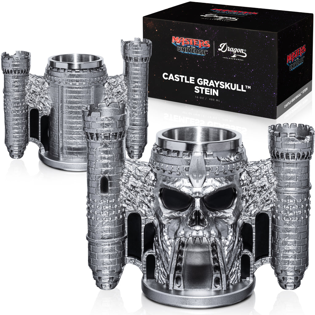 Front view of the Masters of the Universe Castle Grayskull tankard showing the detailed sculpted skull design.