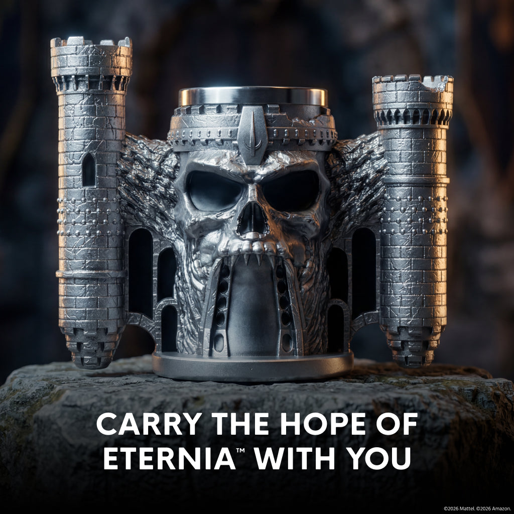 Side profile of the sculpted Castle Grayskull tankard highlighting the fortress towers and sturdy handle.