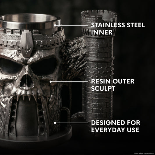 Front view of the Masters of the Universe Castle Grayskull tankard showing the detailed sculpted skull design.-2